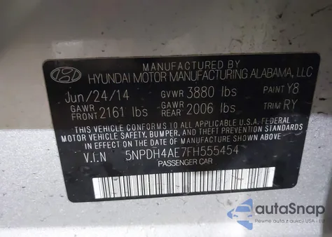 2015 Hyundai Elantra Se z USA, uszkodzony, nr VIN 5NPDH4AE7FH555454